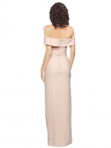 Off the Shoulder Long Formal Crepe Bridesmaid Dress / Prom Dress with Waist Tie and Slit Canada