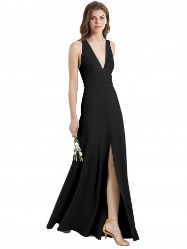 Shop Sleek Halter V-Neck Long A-Line Stretch Formal Crepe Bridesmaid Dress / Prom Dress with Front Slit Canada