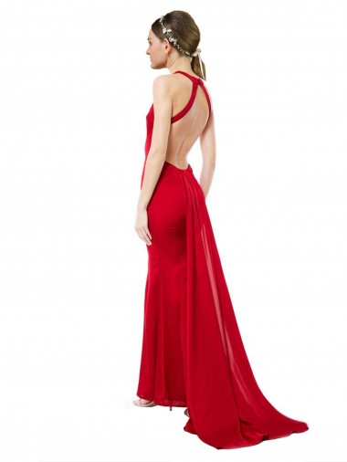 High Neck Mermaid Open Back Formal Crepe Maxi Bridesmaid Dress / Prom Dress with Train Detail Canada