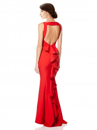 High Neck Maxi Formal Crepe Bridesmiad Dress with Exaggerated Back Ruffle Canada