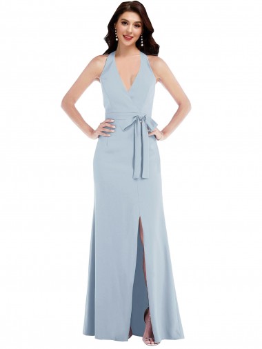 Shop Open Back Halter Maxi Formal Crepe Bridesmaid Dress / Prom Dress with Draped Bow Canada