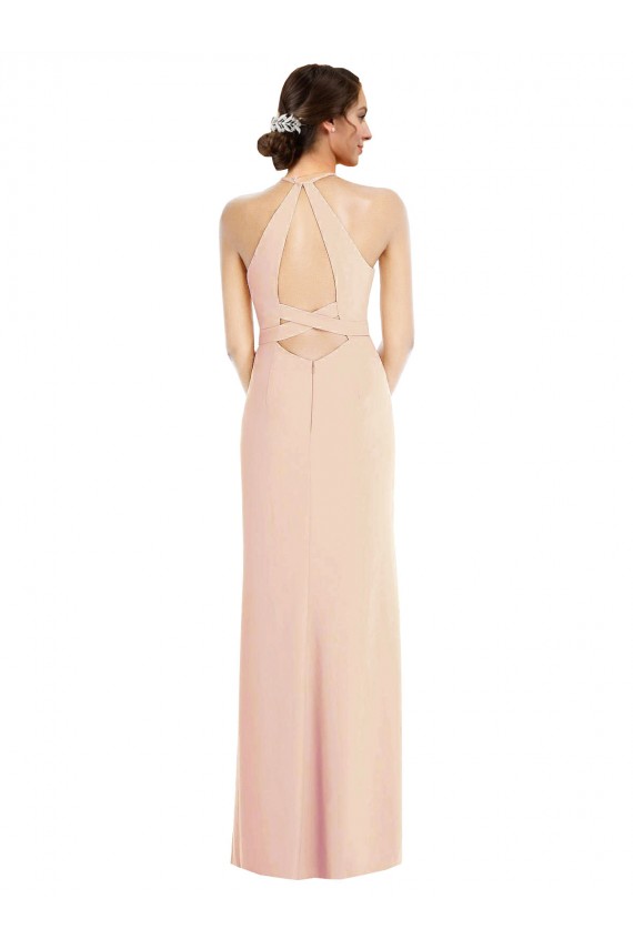 Halter Criss Cross Cutout Back Maxi Formal Crepe Bridesmaid Dress / Prom Dress