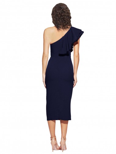 Ruched Midi Length Short Cocktail Formal Crepe Bridesmaid Dress / Prom Dress with Shoulder Ruffles Canada