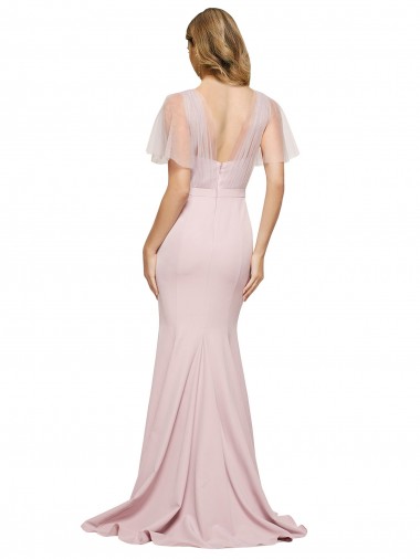 Crepe Long Sweetheart Neckline Formal Bridesmaid Dress / Prom Dress with Tulle Overlay Shoulders Canada