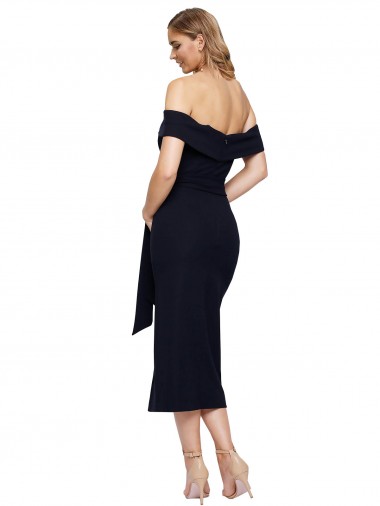 Fitted Short Cocktail Midi Length Off the Shoulder Formal Crepe Bridesmaid Dress / Prom Dress with Side Split and Waist Tie Canada