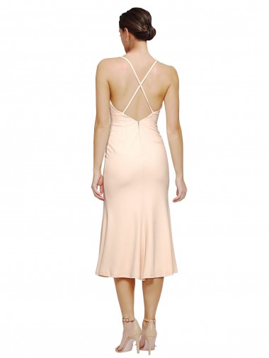Midi Cocktail Length V-Neckline Crepe Bridesmaid Dress / Prom Dress with Thin Straps and Fulted Skirt Canada
