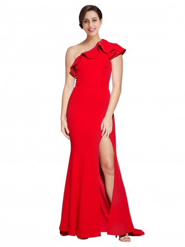 Shop One Shoulder Long Sweep Train Crepe Bridesmaid Dress / Prom Dress with Thigh High Split Canada