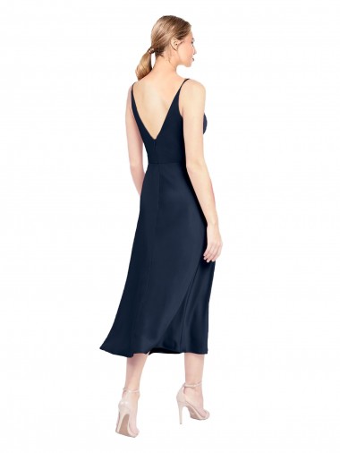 V-Neck Midi Length Short Cocktail Formal Stretch Satin Bridesmaid Dress / Prom Dress V-Back Canada