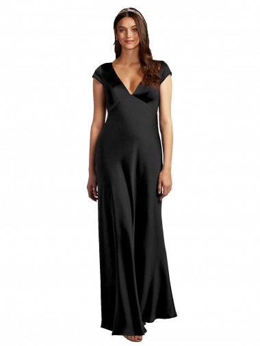 Shop Plunging V-Neck Cap Cleeves Long Formal Stretch Satin Bridesmaid Dress / Prom Dress with Keyhole Back Canada