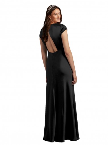 Plunging V-Neck Cap Cleeves Long Formal Stretch Satin Bridesmaid Dress / Prom Dress with Keyhole Back Canada