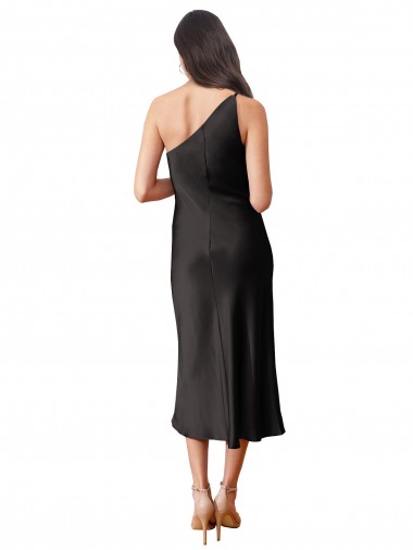 Sleek One Shoulder Midi Length Short Cocktail Formal Stretch Satin Slip Bridesmaid Dress / Prom Dress Canada