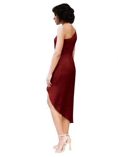 One Shoulder Cocktail Midi Length Short Formal Stretch Satin Wrap Style Bridesmaid Dress / Prom Dress Canada