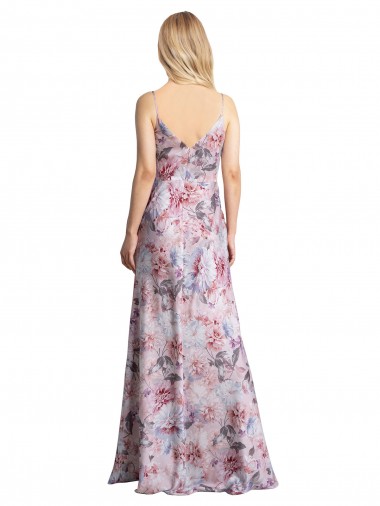 Draped Cowl Neck Long Printed Formal Stretch Satin Bridesmaid Dress Canada