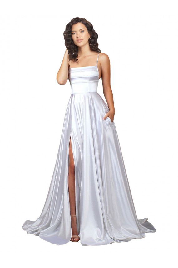 Simple A-Line Corset Style Pleated Long Stretch Satin Beach Wedding Dress with High Slit Canada