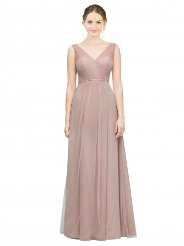 Shop Full Length Draped Long V-Neck Tulle Bridesmaid Dress Canada