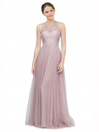 Shop High Neck Long Tulle Bridesmaid Dress with Lace Bodice Canada