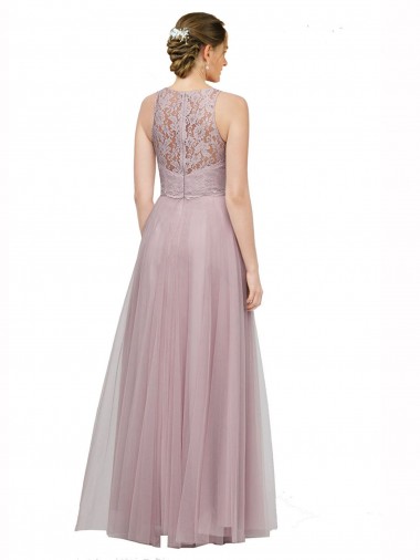 High Neck Long Tulle Bridesmaid Dress with Lace Bodice Canada