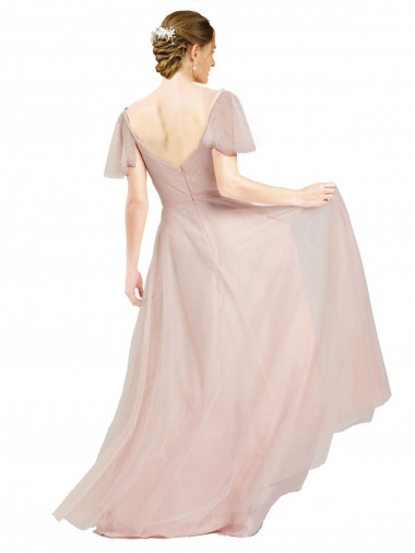Long V-Neck Flutter Sleeves Tulle Bridesmaid Dress Canada