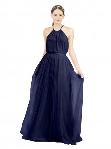 Shop Long A-Line High Neck Halter Tulle Bridesmaid Dress Canada