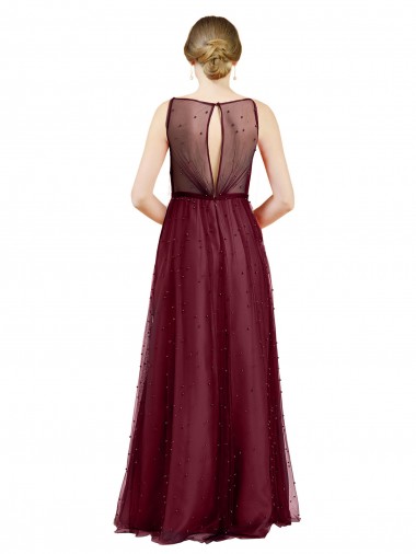 Sleeveless Boat Neck Long Pearl Tulle Bridesmaid Dress with Keyhole Back Canada