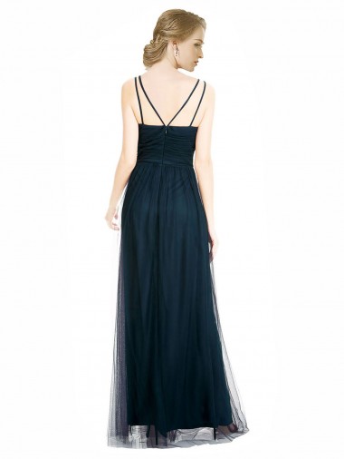 Full Length Long Tulle Bridesmaid Dress with V-Neck Criss-Cross Ruched Top Canada