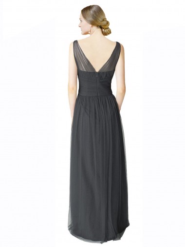 Long Tulle Bridesmaid Dress with Illusion Shoulder Straps and V-Back Canada