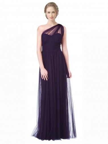 Shop One Shoulder Long Tulle Bridesmaid Gown with Sheer Netting Strap Canada
