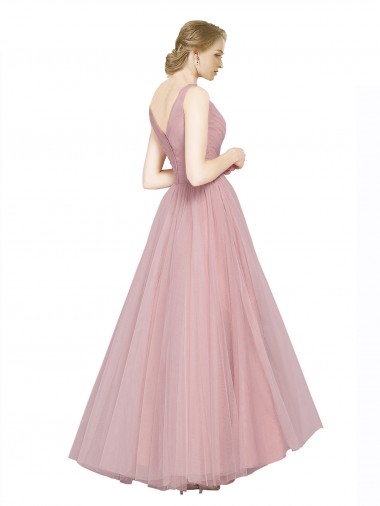 Long Floor Length Wide Strap Plunge Cross Over Neckline Tulle Bridesmaid Dress Canada