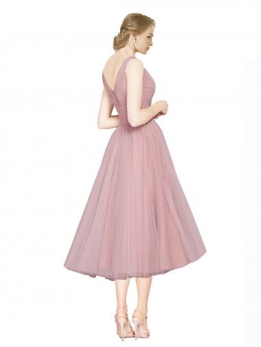 Short Tea Length Wide Strap Plunge Cross Over Neckline Tulle Cocktail Bridesmaid Dress Canada