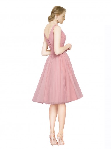 Short Knee Length Wide Strap Plunge Cross Over Neckline Tulle Cocktail Bridesmaid Dress Canada