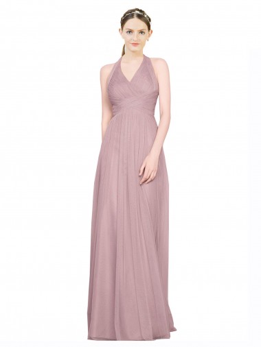 Shop Ruffled Halter V-Neck Long Tulle Bridesmaid Dress with Pleats Canada