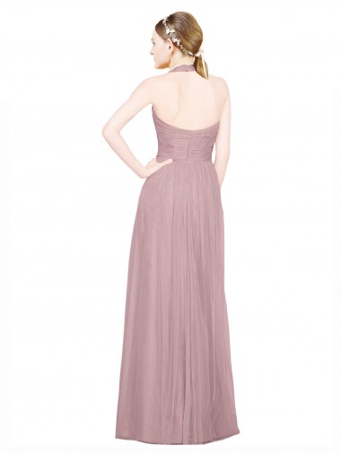 Ruffled Halter V-Neck Long Tulle Bridesmaid Dress with Pleats Canada