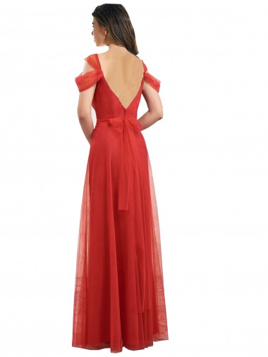 Cold Shoulder Pleated Wrap Tulle Bridesmaid Dress with Low V-Back Canada