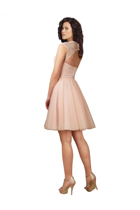 Lace and Tulle Bridesmaid Dress with Cap Sleeves and Keyhole Back