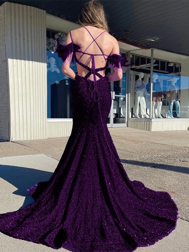 Cold Shoulder Sleeveless Long Court Train Velvet Sequin Prom Dress Canada