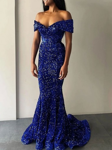 Shop Mermaid Off the Shoulder Sleeveless Long Sweep Train Velvet Sequin Prom Dress Canada
