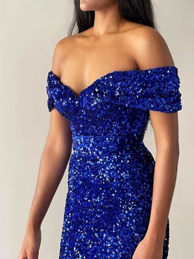 Mermaid Off the Shoulder Sleeveless Long Sweep Train Velvet Sequin Prom Dress Canada