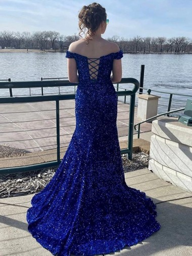 Off the Shoulder Sleeveless Long Sweep Train Velvet Sequin Prom Dress Canada