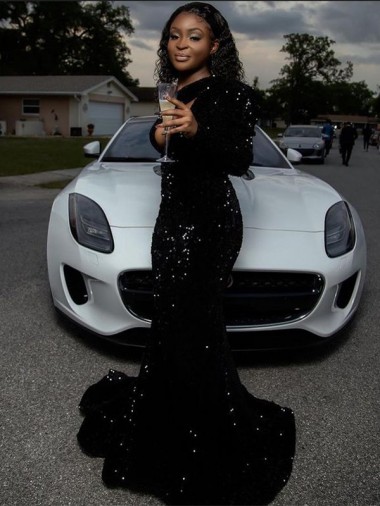 One Shoulder Long Sleeves Long Sweep Train Velvet Sequin Prom Dress Canada