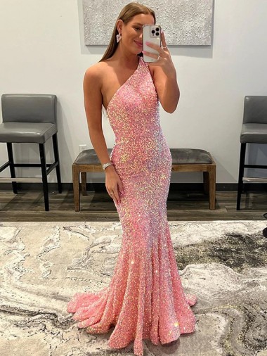Shop Open Back One Shoulder Sleeveless Long Sweep Train Velvet Sequin Prom Dress Canada
