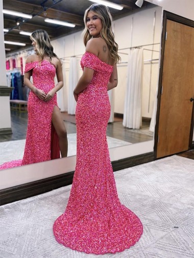 One Shoulder Sleeveless Long Sweep Train Velvet Sequin Prom Dress with Side Slit Canada