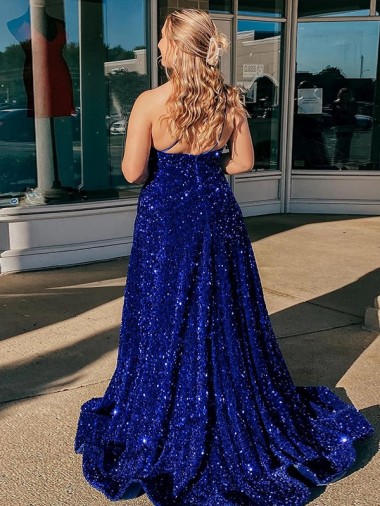 A-Line One Shoulder Sleeveless Long Sweep Train Velvet Sequin Prom Dress with Pockets Canada