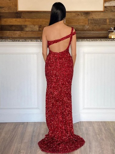 One Shoulder Sleeveless Long Sweep Train Velvet Sequin Prom Dress Canada