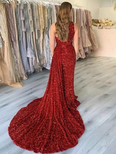 One Shoulder Sleeveless Long Court Train Velvet Sequin Prom Dress with Slit Canada