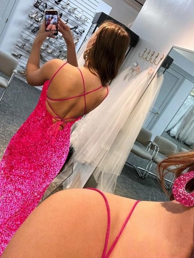 Spaghetti Straps Sleeveless Long Velvet Sequin Prom Dress with Slit and Criss Cross Open Back Canada