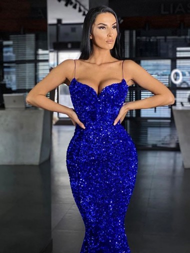 Mermaid Spaghetti Straps Sleeveless Long Sweep Train Velvet Sequin Prom Dress Canada