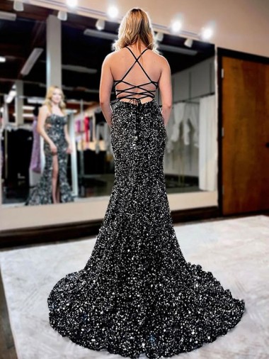 Spaghetti Straps Sleeveless Long Sweep Train Velvet Sequin Prom Dress Canada