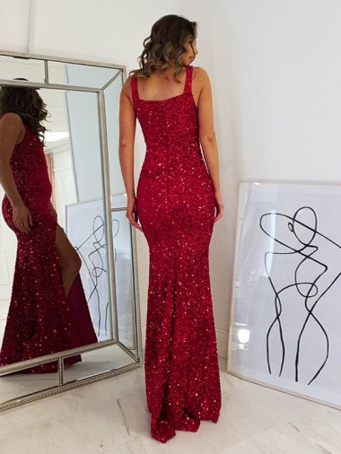 Square Neck Sleeveless Long Velvet Sequin Prom Dress with Slit Canada