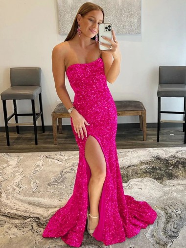 Shop Strapless Sleeveless Long Sweep Train Velvet Sequin Prom Dress with Side Slit Canada