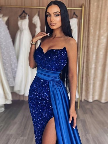Sweetheart Sleeveless Long Sweep Train Velvet Sequin Prom Dress with Slit Canada